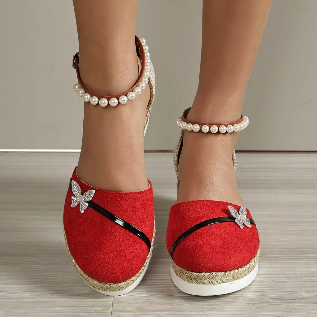 Women's Wedge Bow Sandals Straw Rope Woven - Red