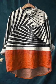 Women's Retro Fish Art Print Lapel Long Sleeve Shirt - 6D759 - View 1