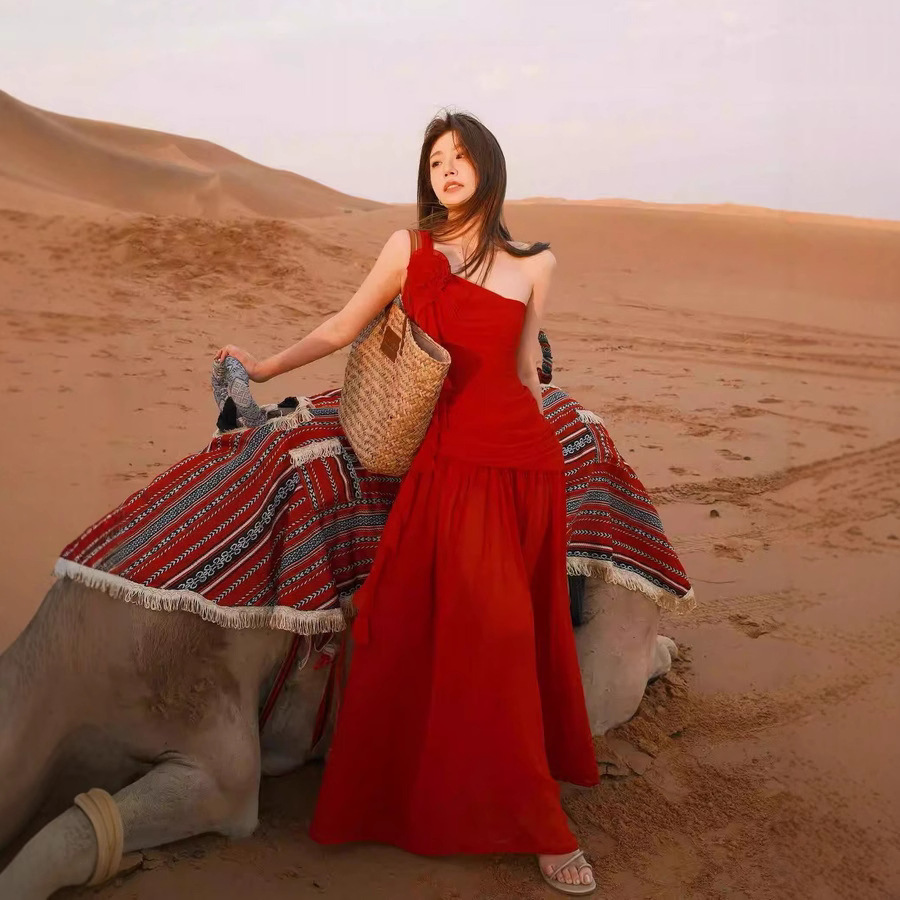 Greek Pure Desire Wind Belt Flowers Pendant Sexy Dress Red - Shop at LoveMi