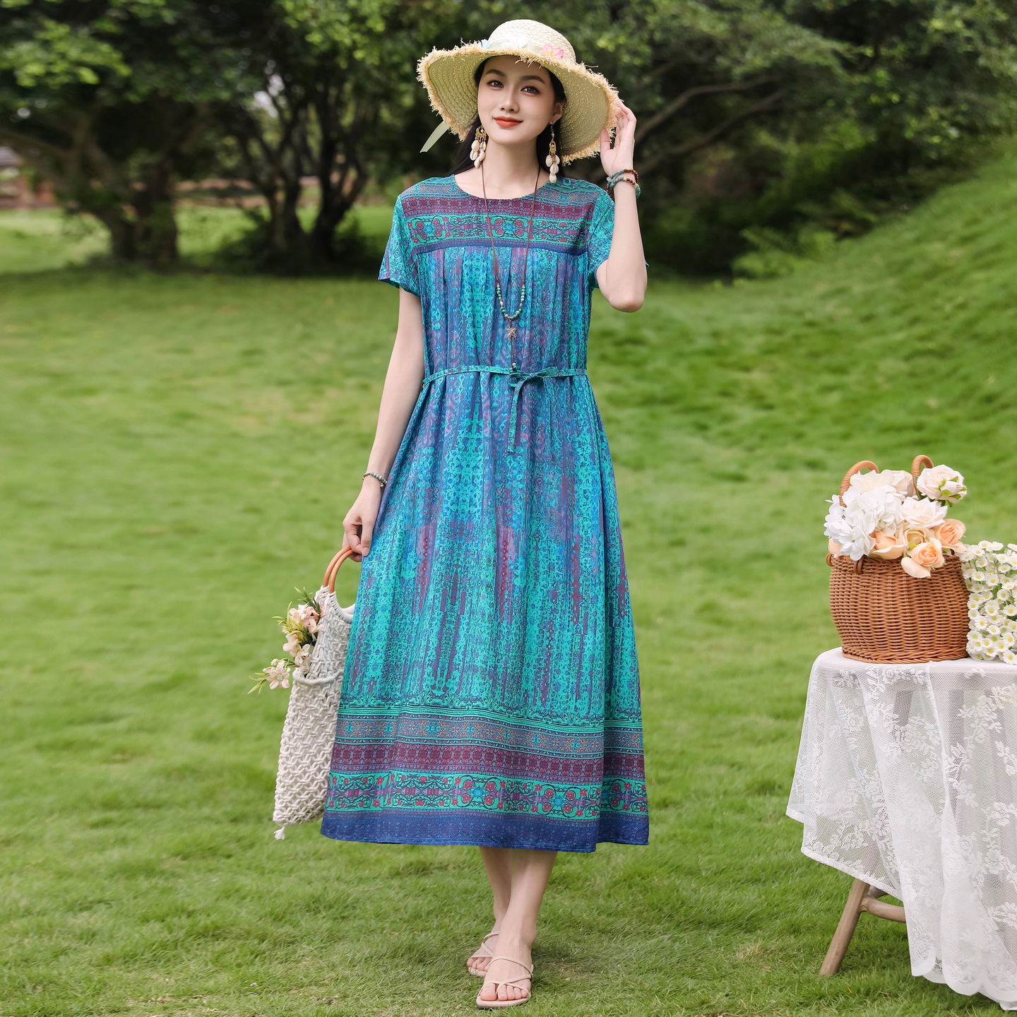 New Elegant Cotton Silk Dress For Middle Aged And Senior Women