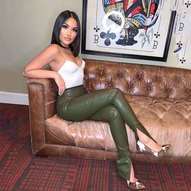 Women's New Slim Fit Micro pull PU Leather Pants Green - Shop at LoveMi