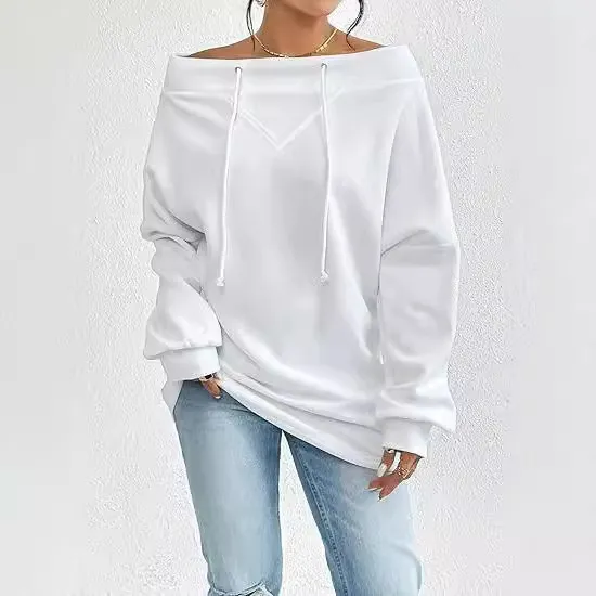Women's Loose Solid Color Casual Drawstring Off the shoulder Off shoulder Top White - Shop at LoveMi