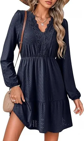Women's Lace Hollow Out Embroidered V Neck Long Sleeve Dress Blue - Shop at LoveMi
