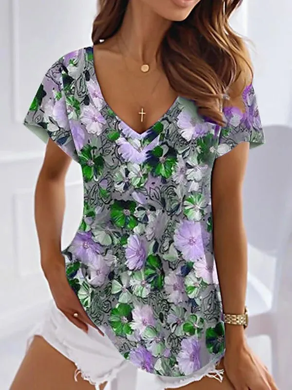 Women's T shirt Floral Pink Blue Purple Printed Short Sleeve Holiday Weekend Tunic V neck Regular Style 5Z456 - Shop at LoveMi