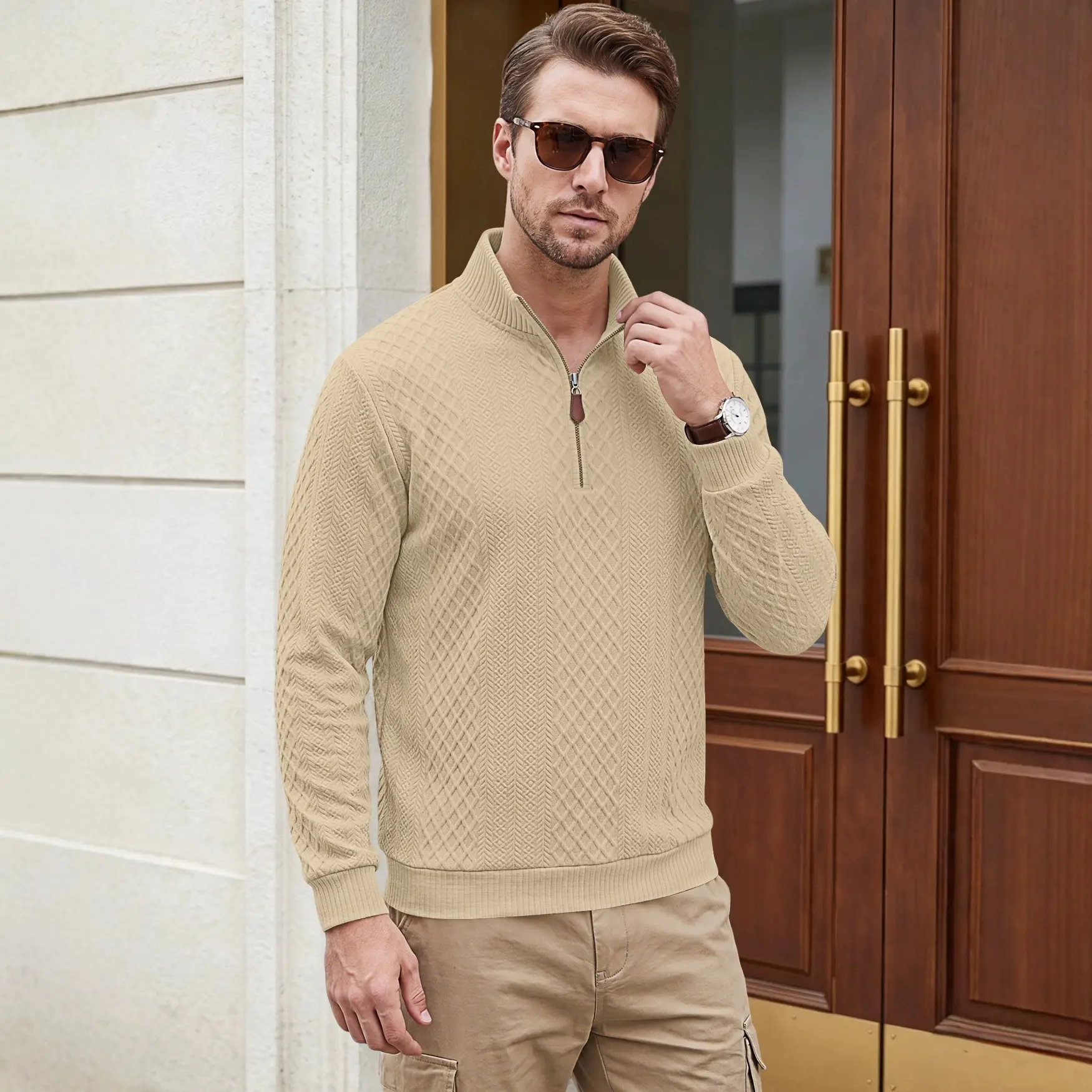 American-style Textured Diamond Jacquard Half-zip Lapel Long
