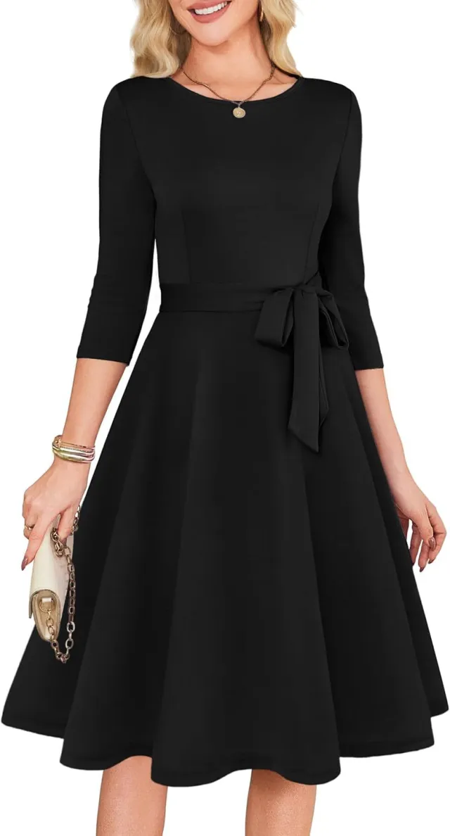 New Solid Color Cocktail Dress With 34 Sleeves, Vintage Style, Elegant Round Neck Gown For Wedding Guests Black - Shop at LoveMi