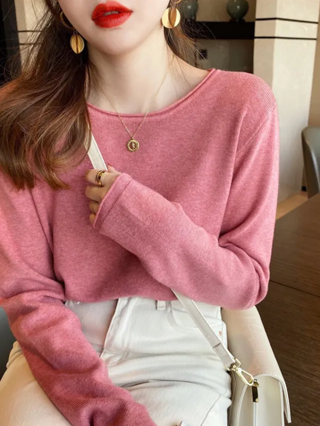 Round Neck Knitted Sweater For Women Cherry Blossom Powder - Shop at LoveMi