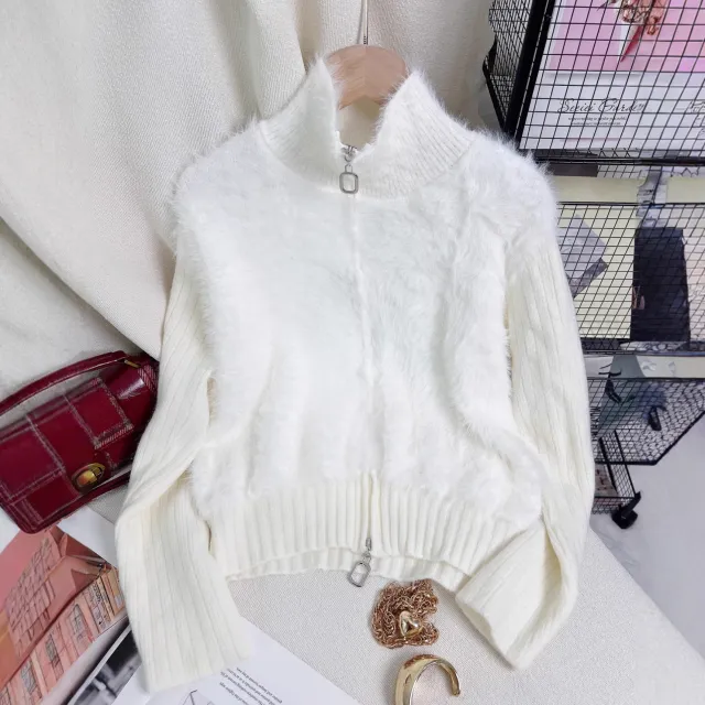 Women's Solid Color Stand Collar Faux Mink Sweater White - Shop at LoveMi