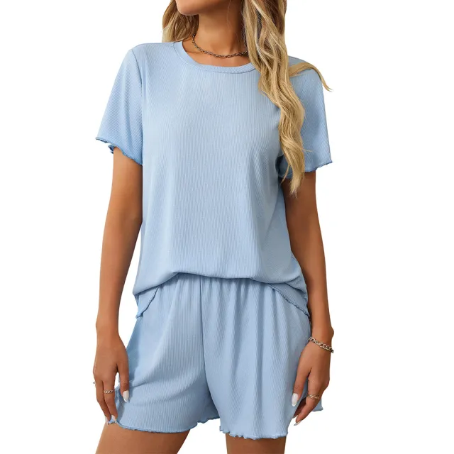 Women's Short sleeved Suit Solid Color Shorts Pajamas Homewear Clothing Blue - Shop at LoveMi