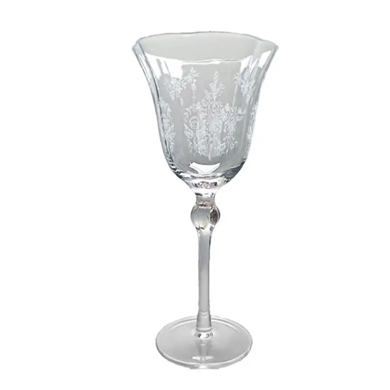 Medieval Red Wine Glass Etched Cute Flowers Vintage Crystal