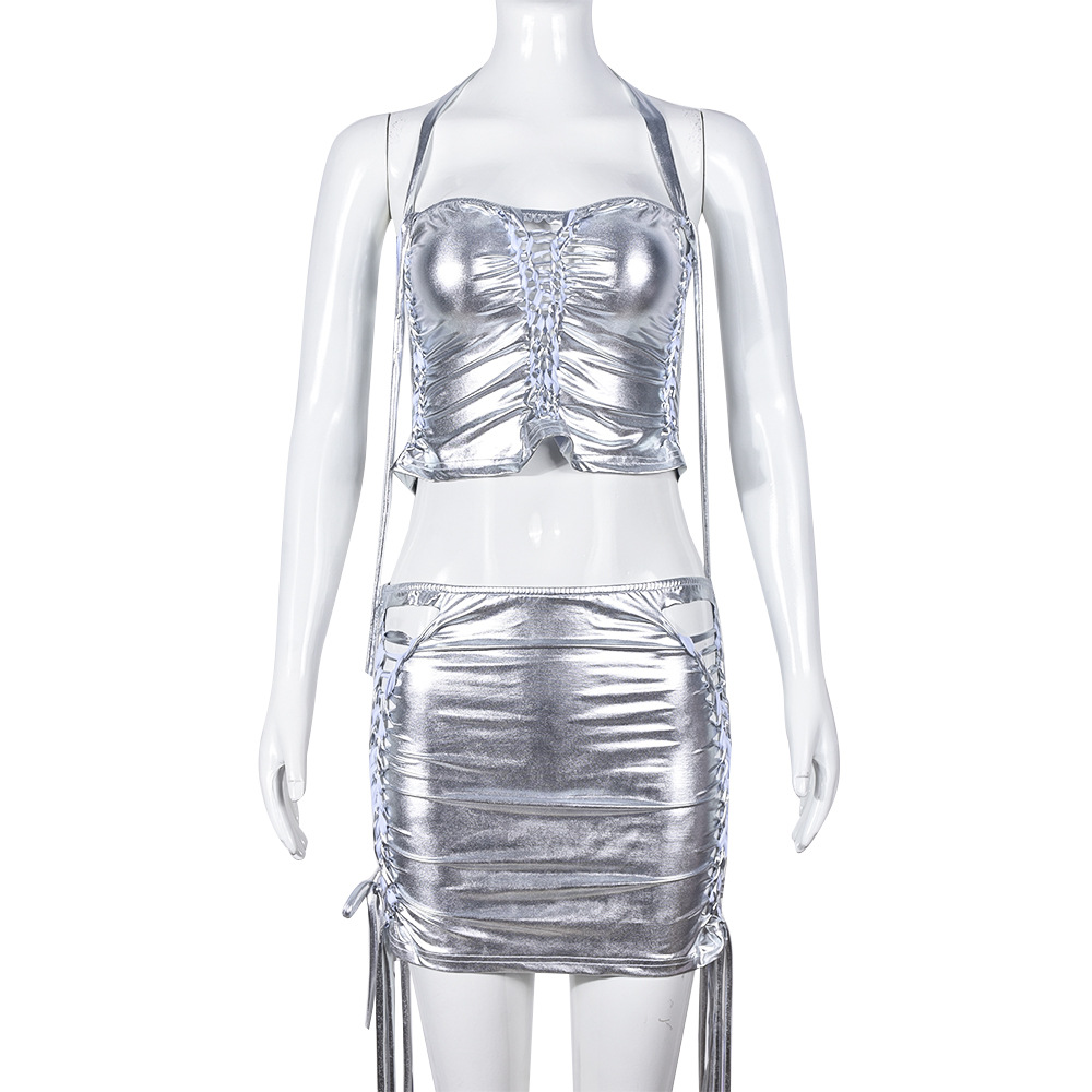 Women's Stretch Halter Tank-top Short Skirt Rope Two-piece Set