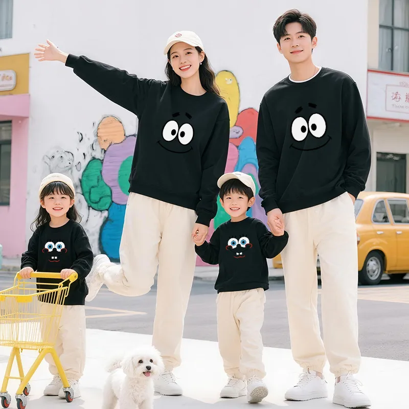 Parent-Child Matching Sweatsuits New FallWinter Styles For Families Of Three Or Four Casual And Loose-Fitting - Black