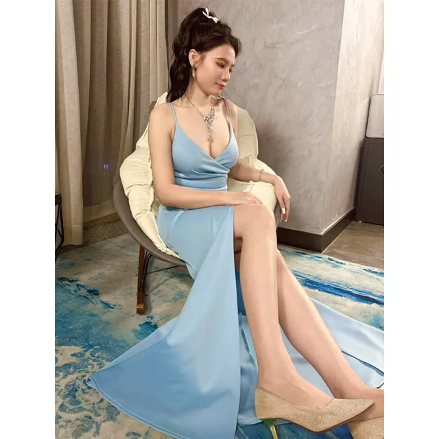 Sleeveless Split Long Evening Gown Sky Blue - Shop at LoveMi