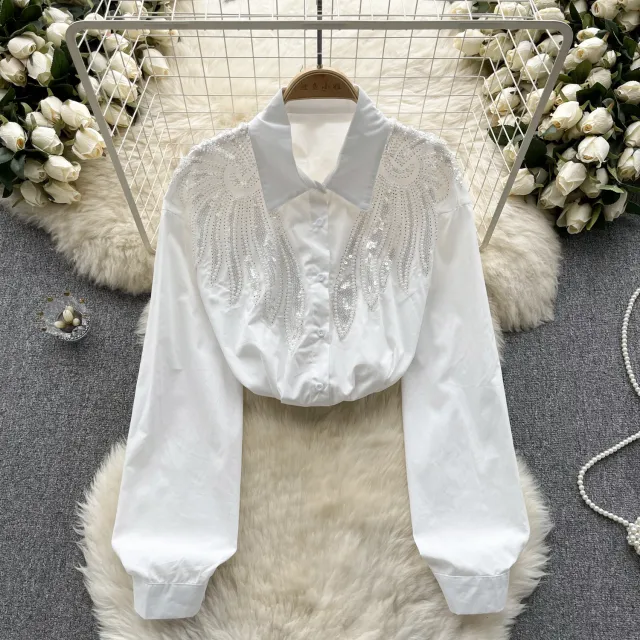 Shirt Women's Design Sense Heavy Industry Beads Sequins White - Shop at LoveMi