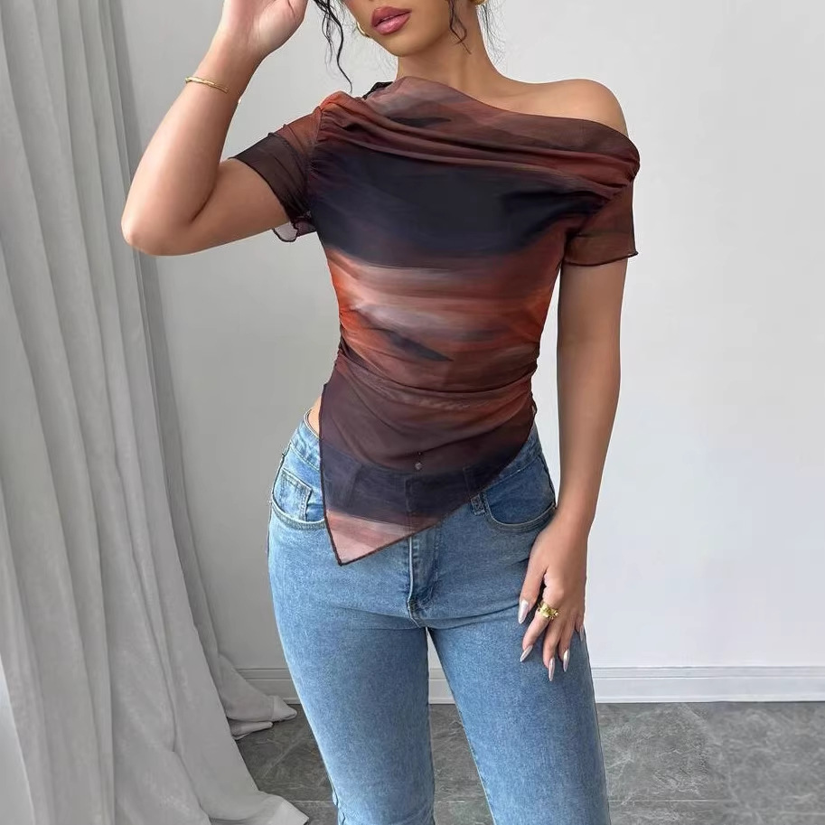 New Womens Fashion Everyday Pleated Off-shoulder Top