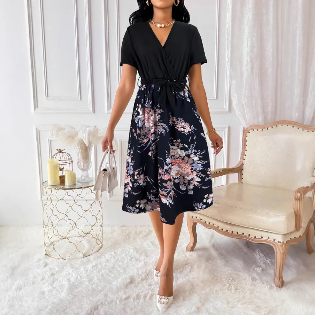 V-neck Short Sleeve Belted Skirt Floral Print Dress - Black