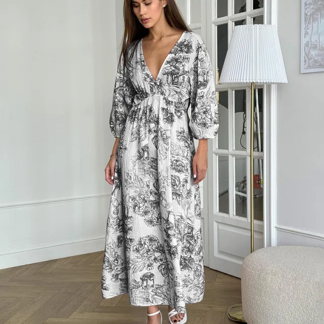 Elegant V neck Lantern Sleeve All matching Printed Dress Gray - Shop at LoveMi