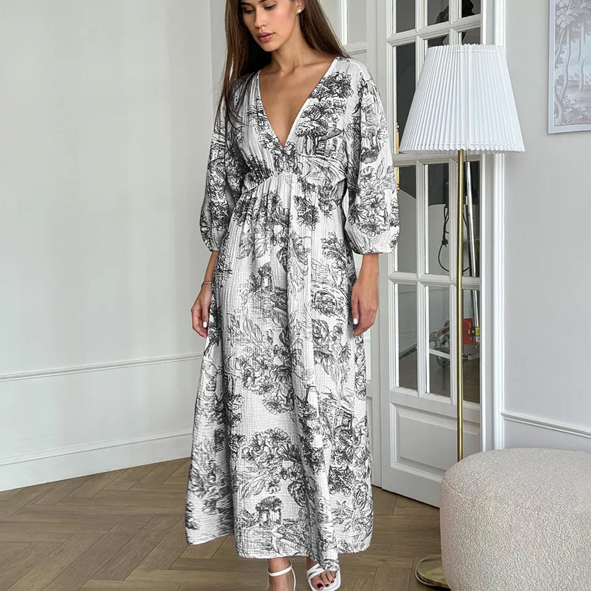 Elegant V-neck Lantern Sleeve All-matching Printed Dress - Gray