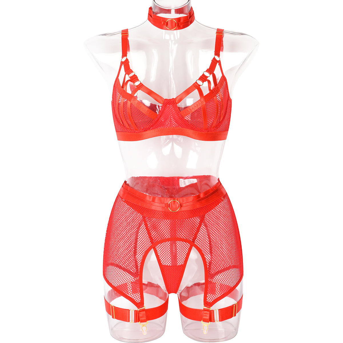 Women’s New See-through Mesh Heavy Craft Underwear With Steel Ring Four-piece Set