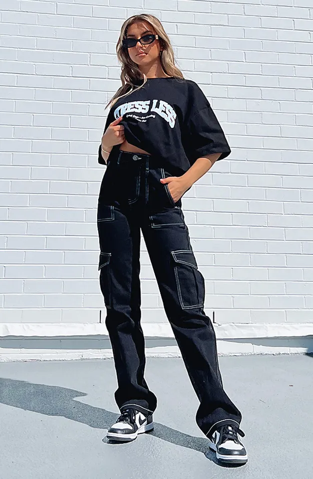 Women's Fashion Stitching Straight Multi-pocket Cargo Pants - Black