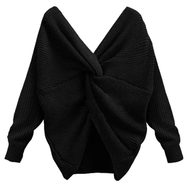 V neck Cross Backless Sweater Sexy Long sleeved Sweater Black - Shop at LoveMi
