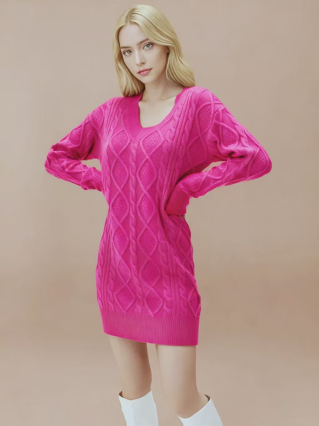 Mid length Sweater V neck Knitted Casual Twist Dress Rose - Shop at LoveMi