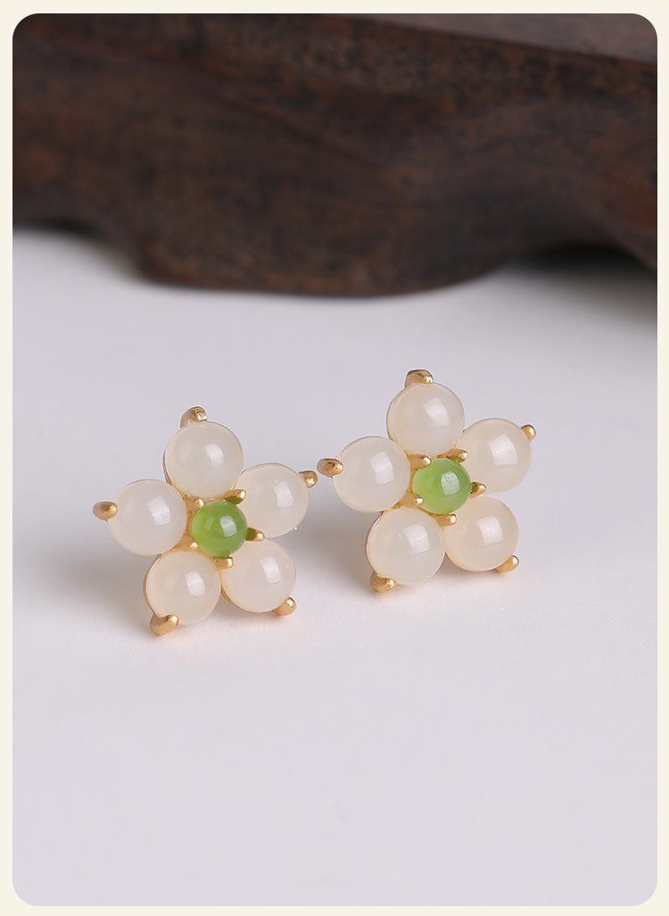 Natural Hetian Jade 925 Sterling Silver Flower Ear Studs