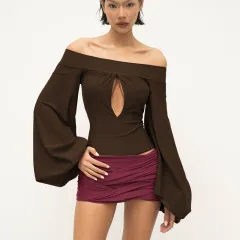European And American-style Off-neck Lantern Sleeve Hollow-out Top For Women - Brown - View 1