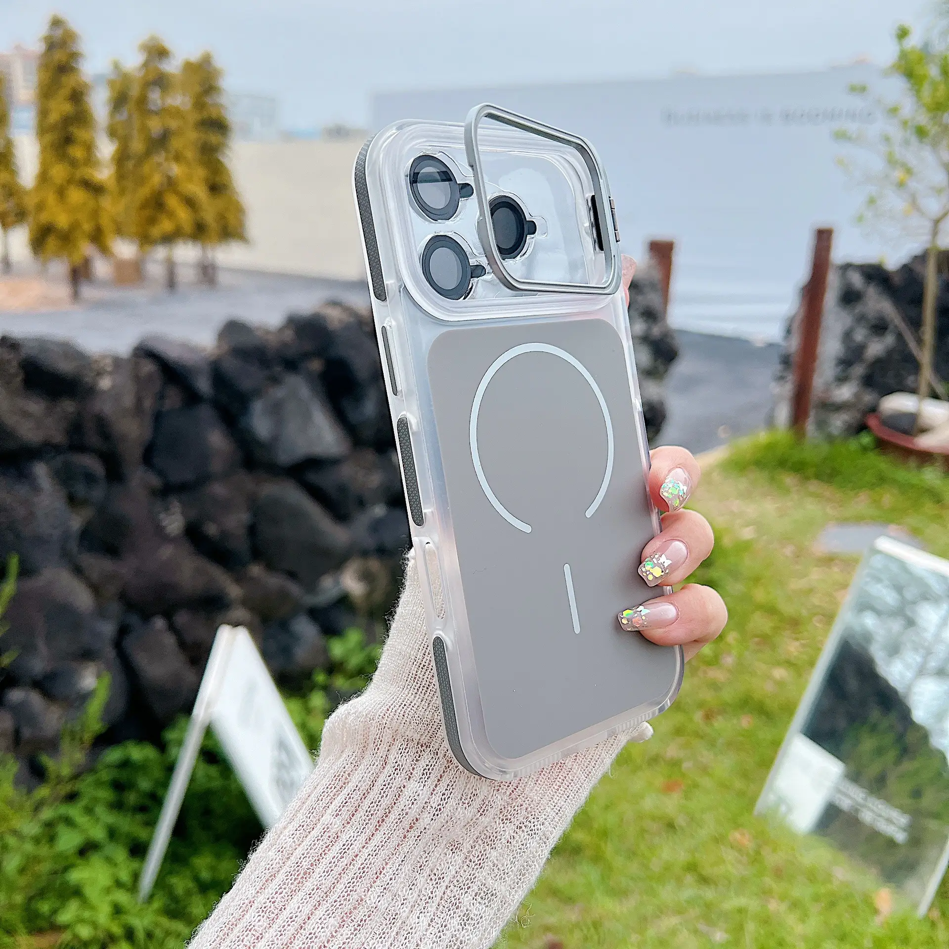 Plated Standalone Lens-protecting Magnetic Kickstand Phone Case Full-body Coverage