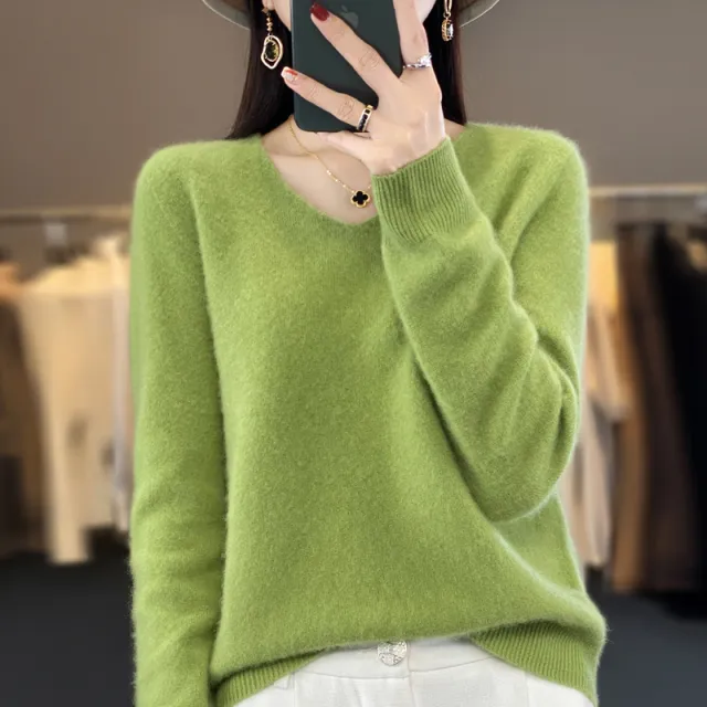 Women's Wool Sweater V neck Autumn And Winter New Solid Color Loose fitting Versatile Wool Loose Bottoming Shirt Diamond Green - Shop at LoveMi