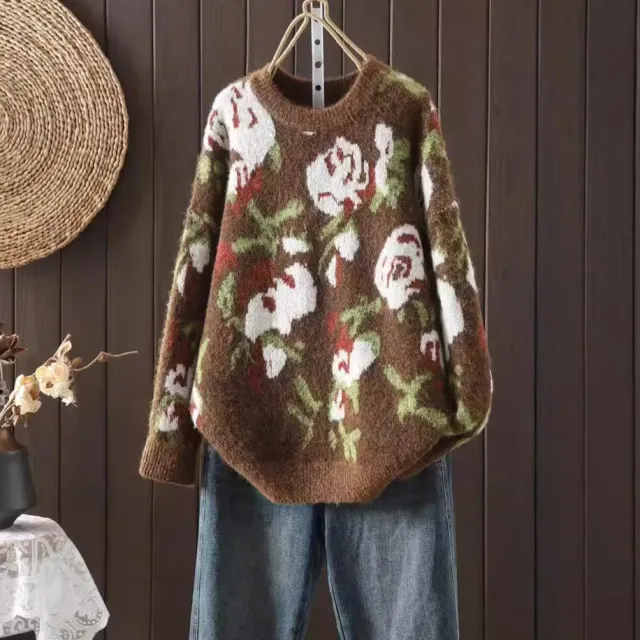 Round Neck Floral Printed Literary Pullover Sweater Women's Top Floral - Shop at LoveMi