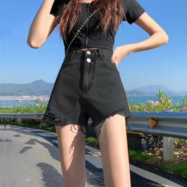 Womens High waisted Loose fitting White Denim Shorts Gray - Shop at LoveMi