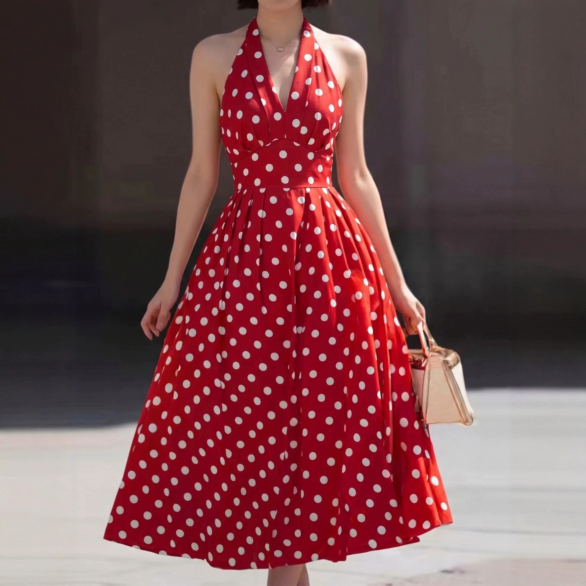 Womens Retro American-Style Halter-Neck Polka-Dot Dress