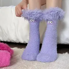 Big Mouth Monster Plush Socks Fleece-Lined Thick Warm Coral Fleece - Purple - View 1