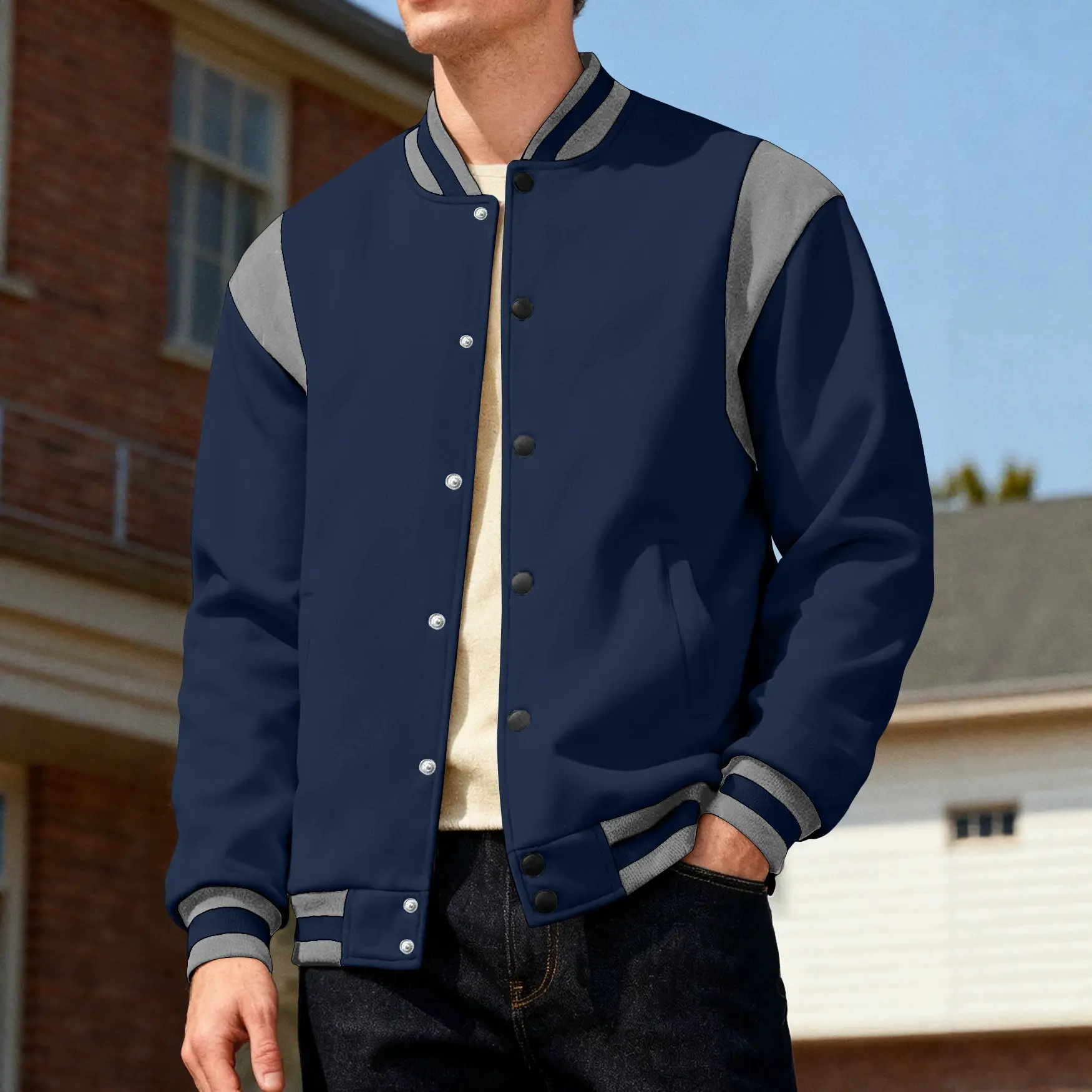 Mens Spring Summer Contrast-Color Patchwork Stand-Collar Baseball