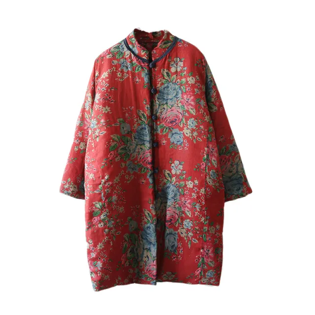 Winter Cotton And Linen Women Retro Art Floral Print Cotton Clothing Cotton Coat Printed Long Patchwork - Shop at LoveMi