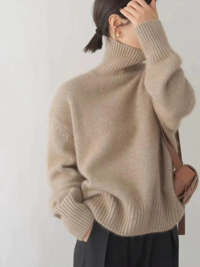 Women's Minimalist Turtleneck Wool Thick Loose Idle Style Knitted Bottoming Sweater Camel - Shop at LoveMi