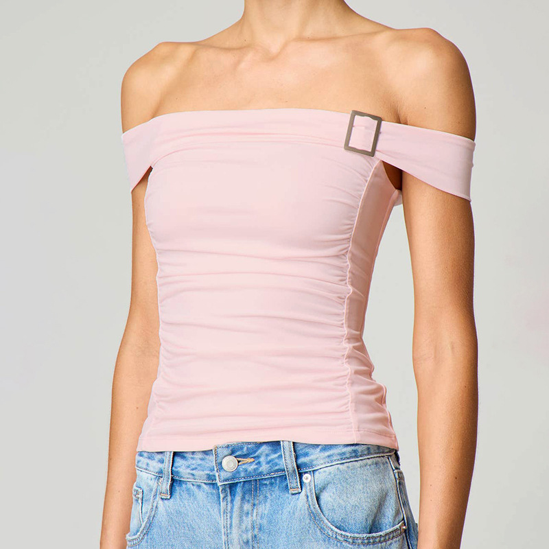 Solid Color Off-neck Pleated Slim Vest T-shirt