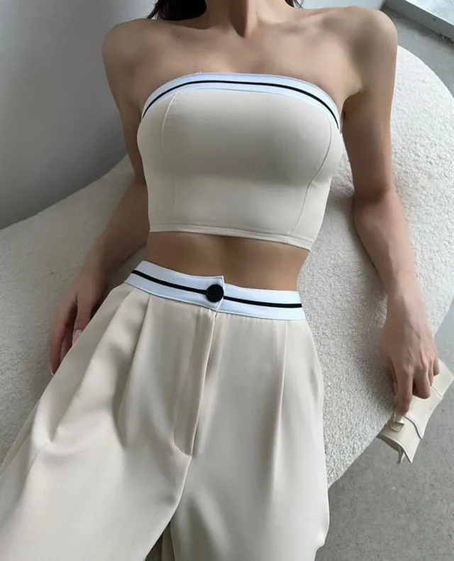 Women's Sports Vest Tube Top High Waist Wide Leg Pants Casual Suit Apricot - Shop at LoveMi