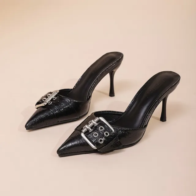 Women's Buckle Decoration Pointed Strap High Heels Black - Shop at LoveMi