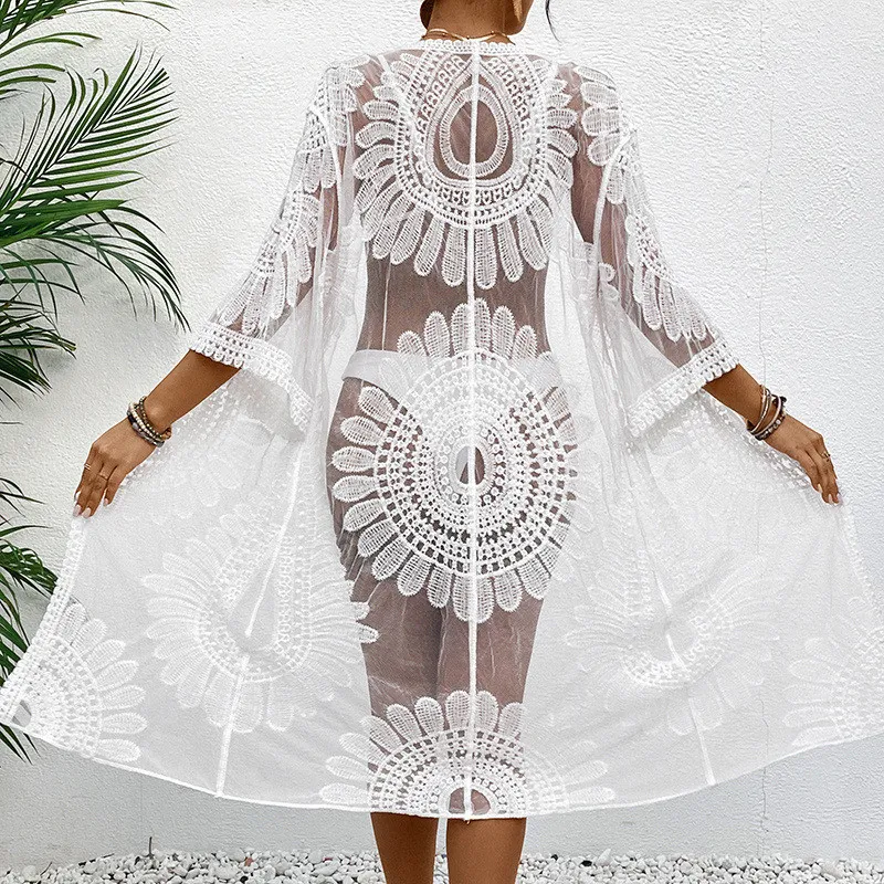 Lace Embroidered Kimono Cardigan Swimsuit Bikini Beach Cover-up - Red