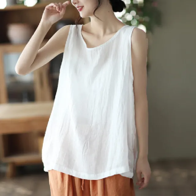 Cotton And Linen Art Solid Color Loose fitting Versatile Top Camisole For Women White - Shop at LoveMi
