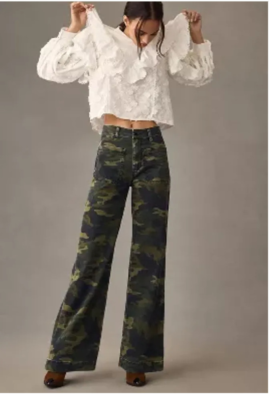 Loose Leisure Washed out Button Slightly Flared Jeans Camouflage - Shop at LoveMi