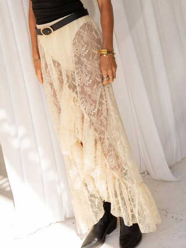 See through Lace Asymmetric Skirt Apricot - Shop at LoveMi