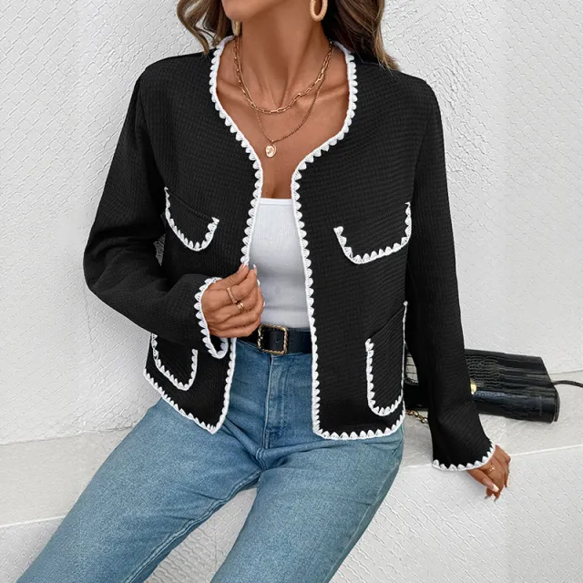 Loose V neck Trim Contrast Color Non buckle Coat For Women Black - Shop at LoveMi