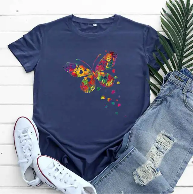 Women's Fashion Casual Heart Butterfly Printed Cotton Round Neck Short Sleeve Dark Blue - Shop at LoveMi