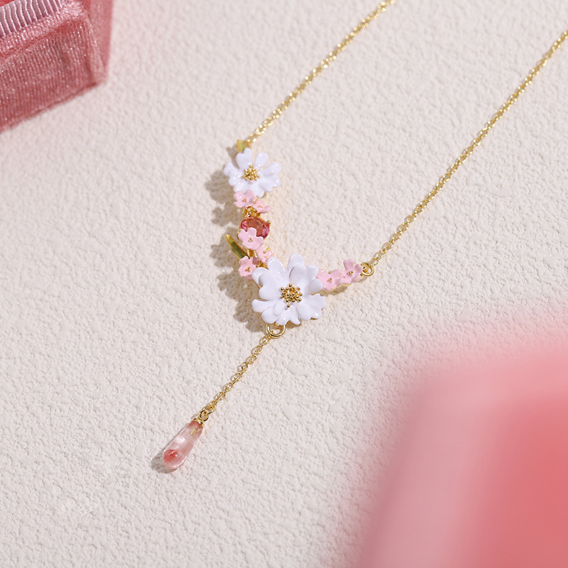 Impression Series Lace Flower Verbena Pink Water Drop Pendant Gold Necklace