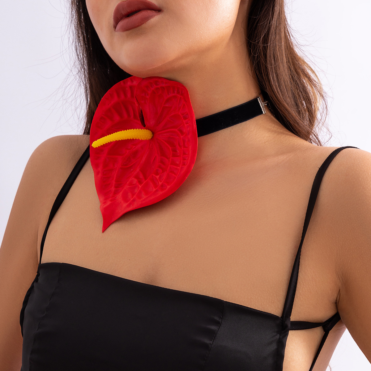 Flower Choker Fabric Flannel Handmade Collar Exaggerated Red Big Leaf Necklace