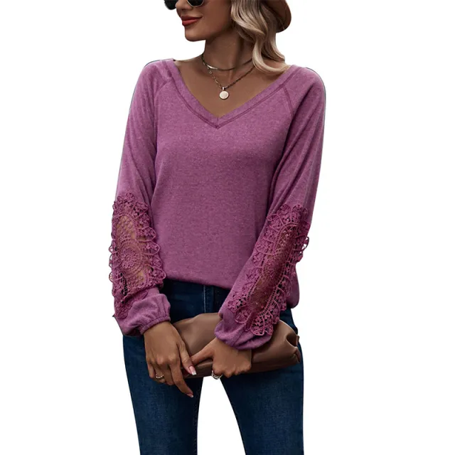 Loose Casual V neck Lace Lace Long sleeved Purplish Red - Shop at LoveMi