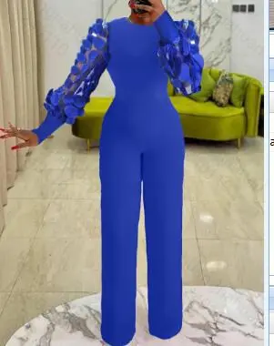 Embroidered Mesh Sleeve Slim Fit Patchwork Commuter Jumpsuit Blue - Shop at LoveMi